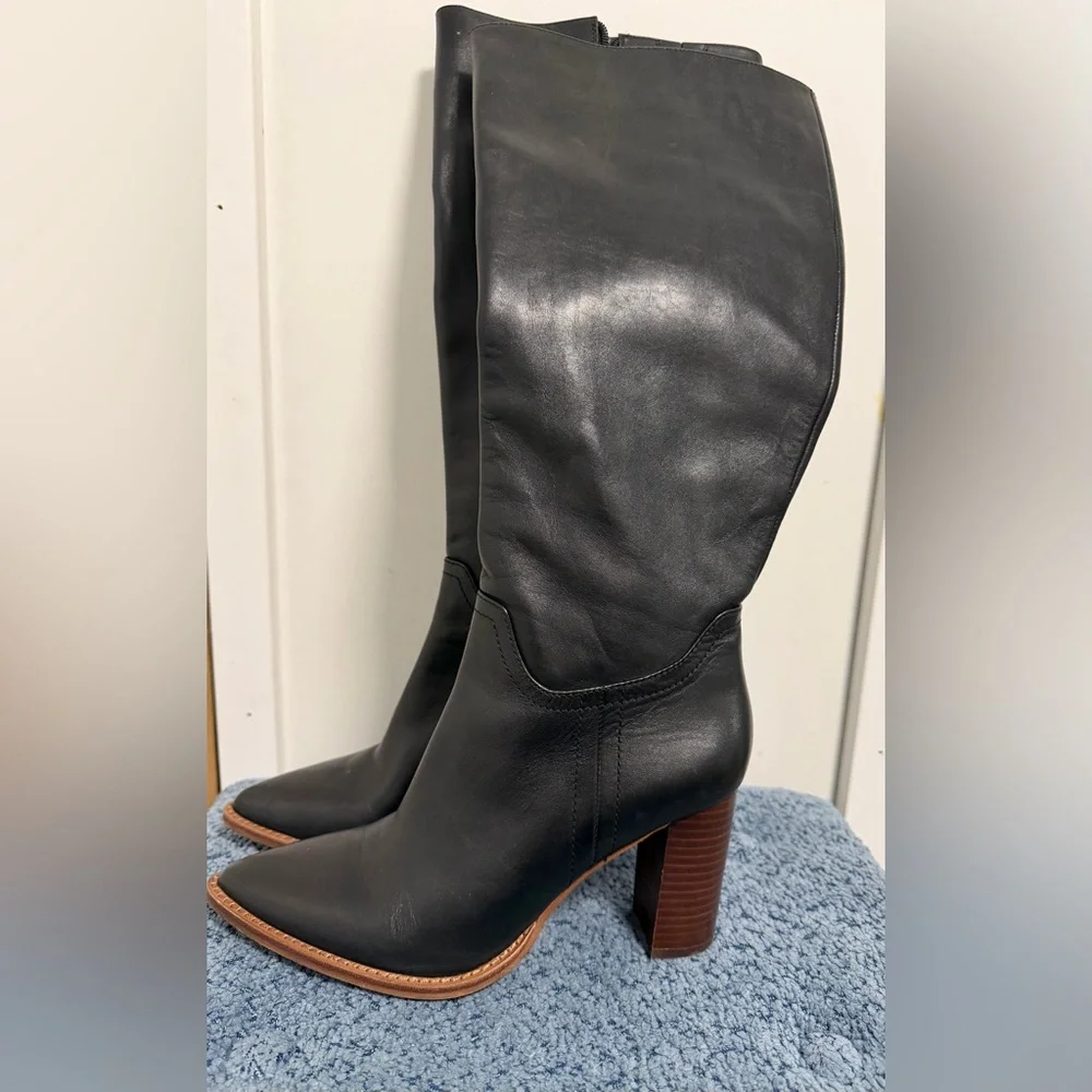 Sleek Black Leather Heeled Boots Vince Camuto Eckina Knee High Boot size 8 - Picture 4 of 7
